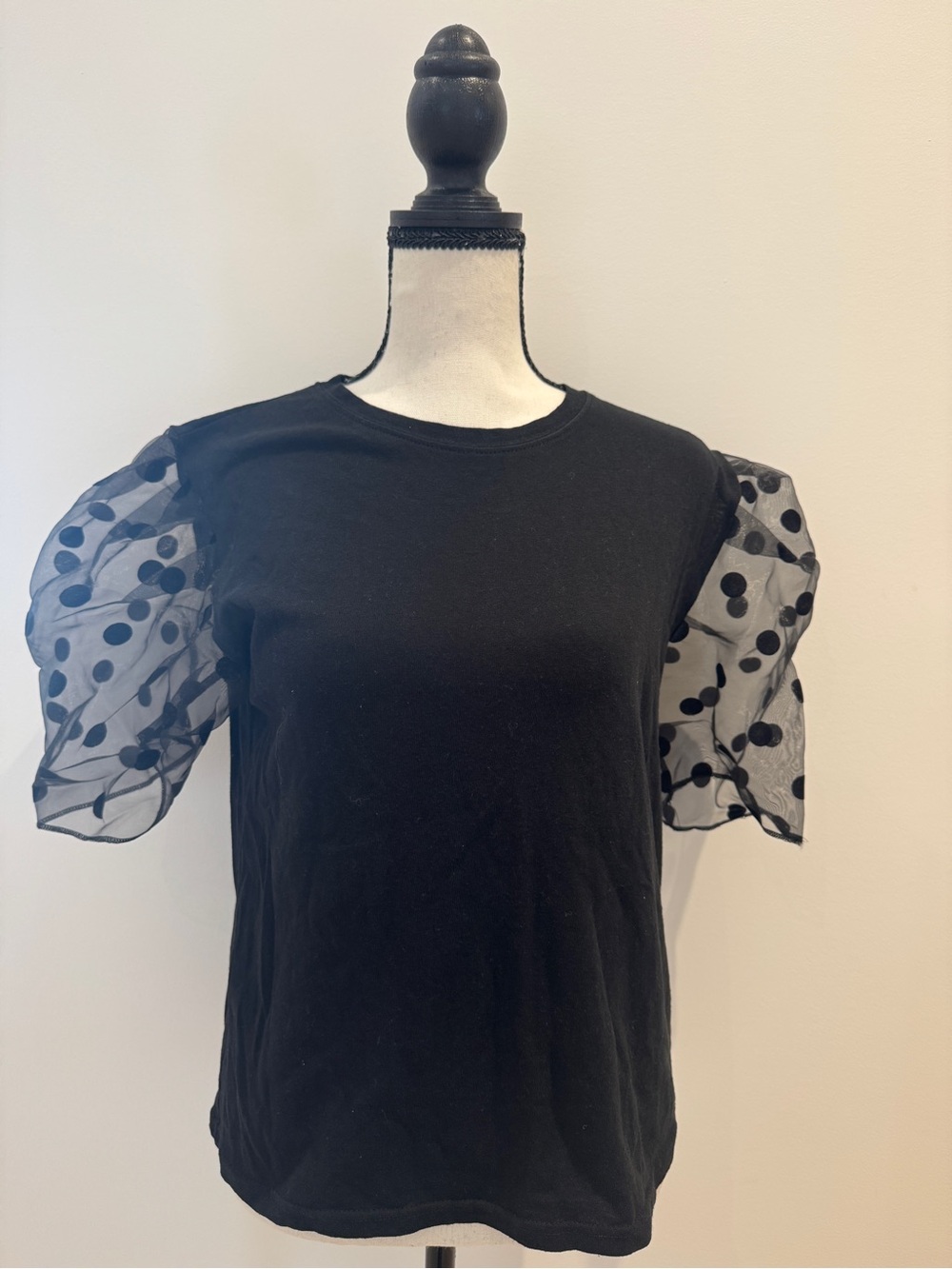 Sheer Polka Dot Puff-Sleeve Tee - Black